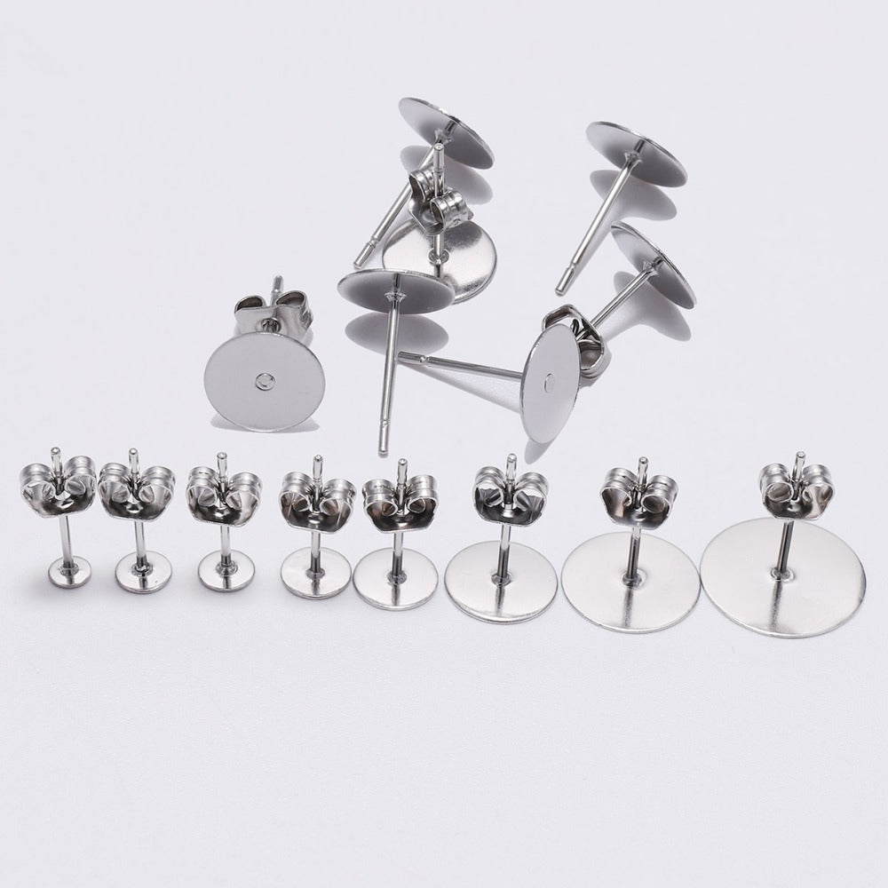 20pcs Stainless Steel Earring Stud Blank Pins Fit 4-12mm Cabochon Embossed  DIY Jewelry Making Accessories