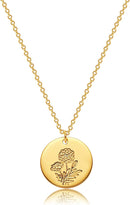 Dremmy Studios Birthday Flower Pendant Necklace 18K Gold Plated Exquisite Minimalist Birthday Flower Disc Pendant Carved Coin Necklace Minimalist Exquisite Customized Gift for Mom and Daughter, Metal, No Gems