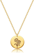 Dremmy Studios Birthday Flower Pendant Necklace 18K Gold Plated Exquisite Minimalist Birthday Flower Disc Pendant Carved Coin Necklace Minimalist Exquisite Customized Gift for Mom and Daughter, Metal, No Gems