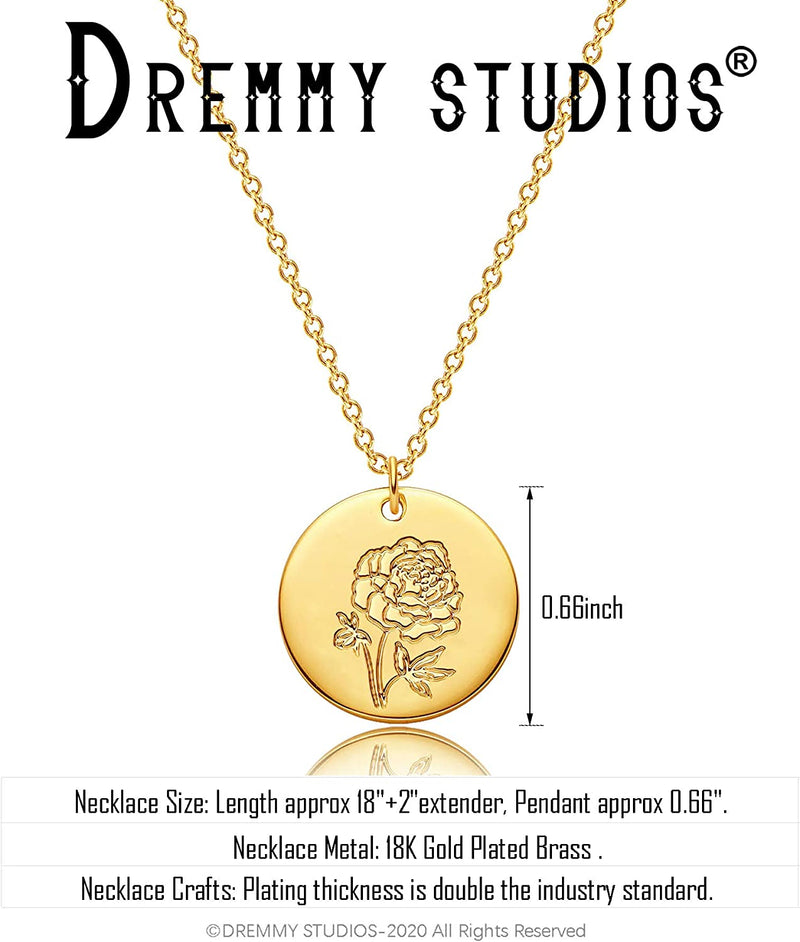 Dremmy Studios Birthday Flower Pendant Necklace 18K Gold Plated Exquisite Minimalist Birthday Flower Disc Pendant Carved Coin Necklace Minimalist Exquisite Customized Gift for Mom and Daughter, Metal, No Gems
