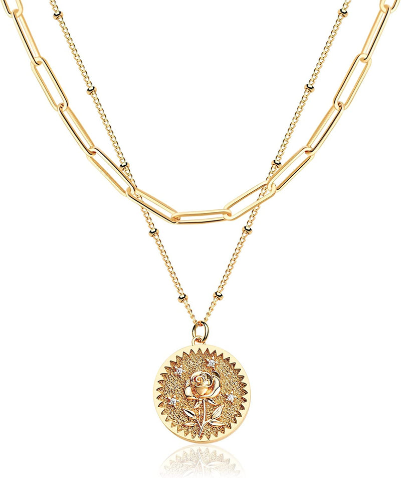 Dremmy Studios Birthday Flower Pendant Necklace 18K Gold Plated Exquisite Minimalist Birthday Flower Disc Pendant Carved Coin Necklace Minimalist Exquisite Customized Gift for Mom and Daughter, Metal, No Gems
