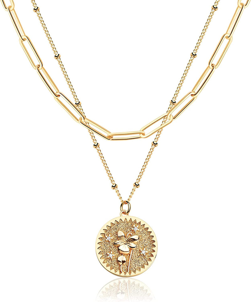 Dremmy Studios Birthday Flower Pendant Necklace 18K Gold Plated Exquisite Minimalist Birthday Flower Disc Pendant Carved Coin Necklace Minimalist Exquisite Customized Gift for Mom and Daughter, Metal, No Gems