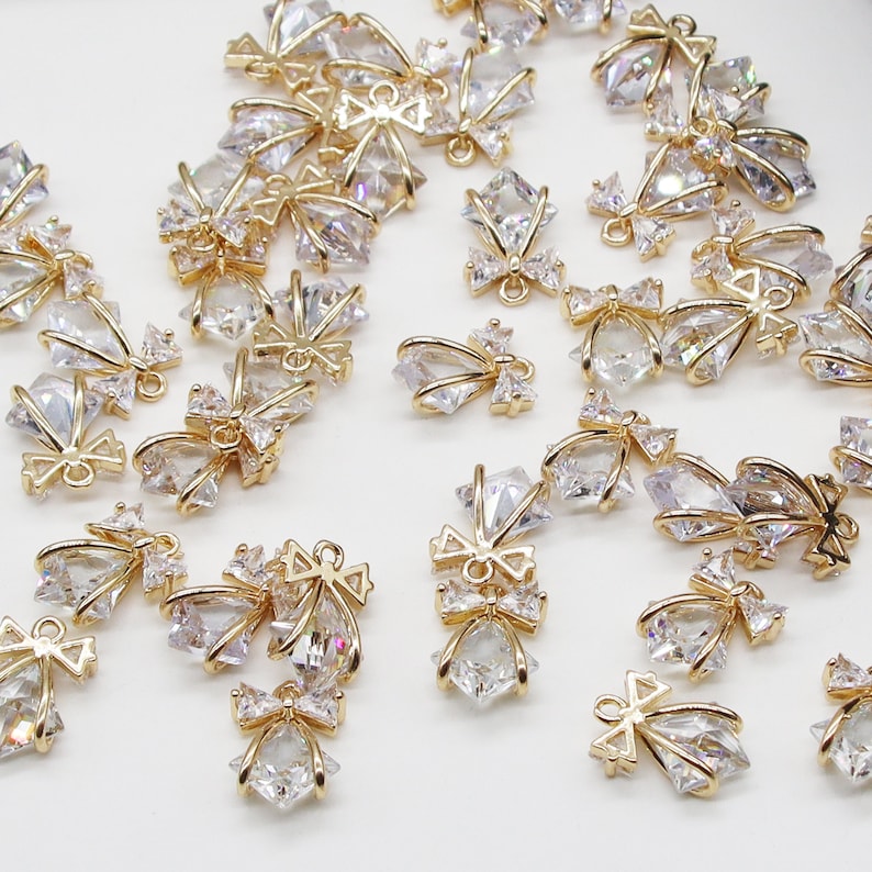 10pcs Gold Plated Zircon Bow-knot Charms,Zircon Butterfly Pendant, Dainty Charms, Necklace Charm, Bracelet Charms, Gold Plated Findings