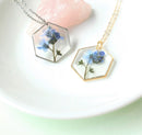 Forget-Me-Not Necklace, Pressed Flower Necklace, Hexagon Forget Me Not Pendant, Resin Plant, Handmade Botanical Mother's Day Gift for Her