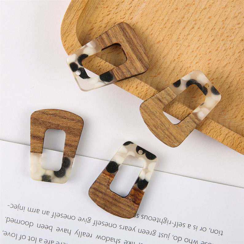 4pcs Epoxy Resin Pendants, Semi Translucent White Resin Findings, Wood and Resin Pendant, Color Blocked, Large Trapezoid Charm