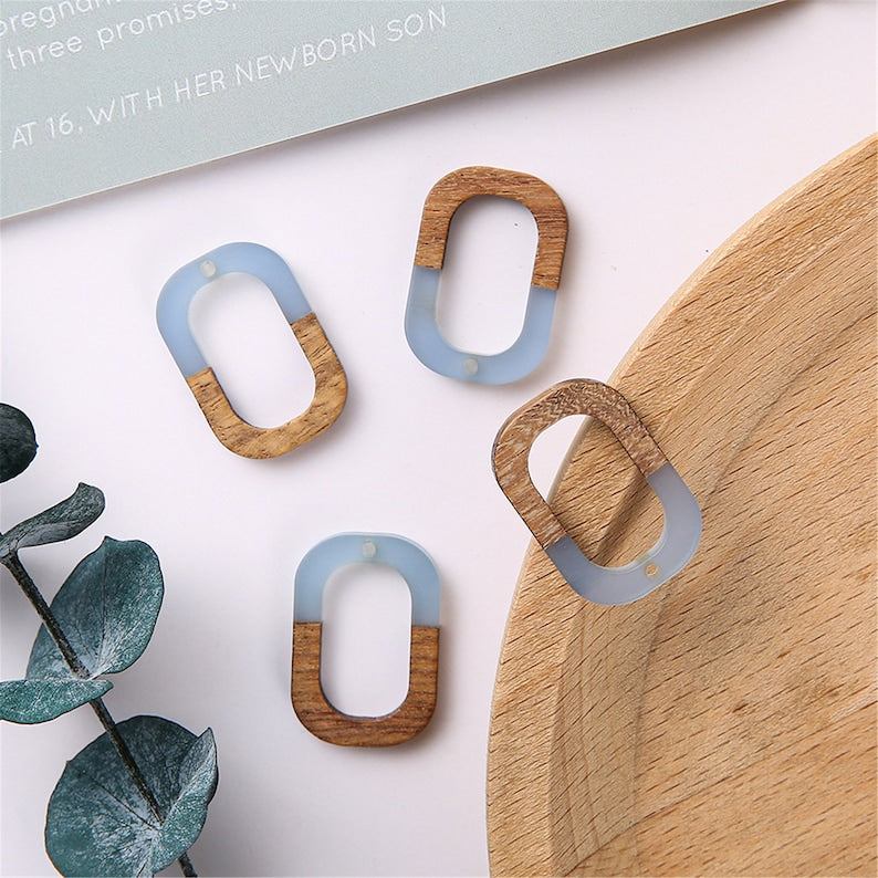 4pcs Epoxy Resin Pendants, Rectangle Translucent White Resin Findings, Wood and Resin Pendant, Color Blocked, Large Round Charm