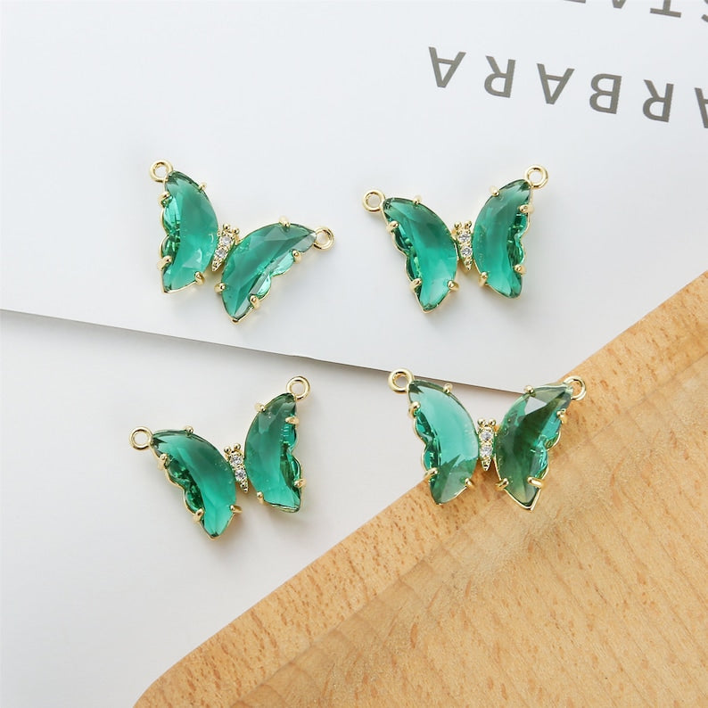 2pcs Real Gold Plated Crystal Butterfly Charm, Butterfly Connector, Glass Butterfly, Necklace Pendant