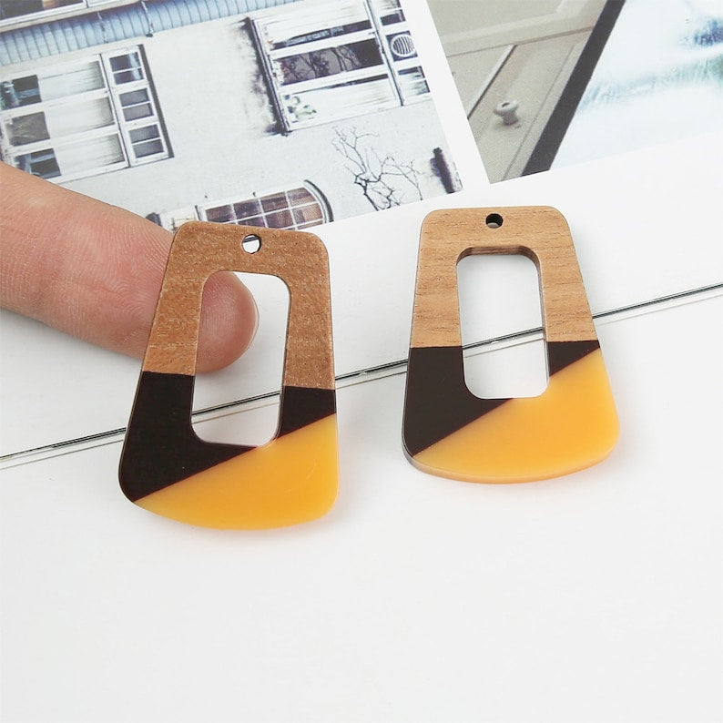 4pcs Epoxy Resin Pendants, Semi Translucent White Resin Findings, Wood and Resin Pendant, Color Blocked, Large Trapezoid Charm