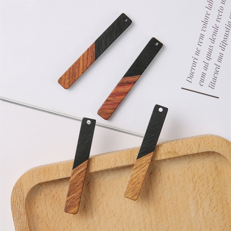 4pcs Epoxy Resin Pendants, Long Stick Translucent White Resin Findings, Wood and Resin Pendant, Color Blocked, Long BarCharm