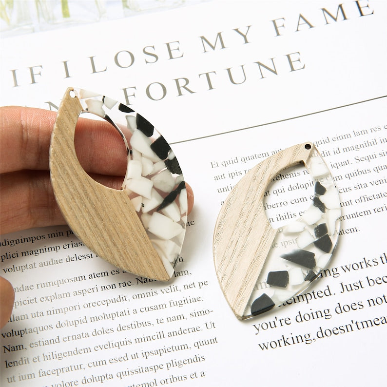 4pcs Epoxy Resin Pendants, Oval Translucent White Resin Findings, Wood and Resin Pendant, Color Blocked, Oval Wood Charm
