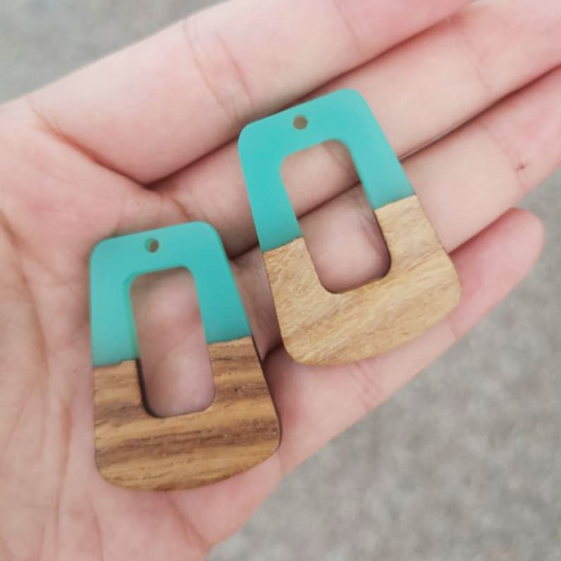 4pcs Epoxy Resin Pendants, Semi Translucent White Resin Findings, Wood and Resin Pendant, Color Blocked, Large Trapezoid Charm