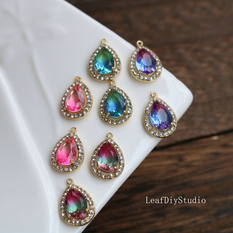 10pcs Gold Plated Teardrop Charm, 11X17mm CZ Pave Charm, Wrapped gradient two-tone, Crystal Faceted Glass zircon Pendant