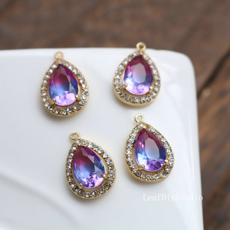 10pcs Gold Plated Teardrop Charm, 11X17mm CZ Pave Charm, Wrapped gradient two-tone, Crystal Faceted Glass zircon Pendant