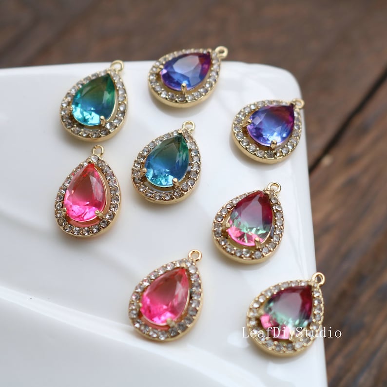 10pcs Gold Plated Teardrop Charm, 11X17mm CZ Pave Charm, Wrapped gradient two-tone, Crystal Faceted Glass zircon Pendant