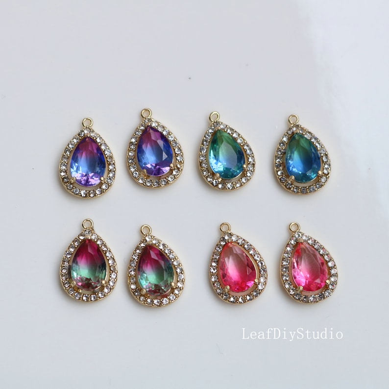 10pcs Gold Plated Teardrop Charm, 11X17mm CZ Pave Charm, Wrapped gradient two-tone, Crystal Faceted Glass zircon Pendant