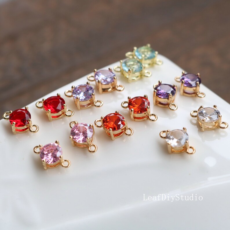10pcs Gold Plated Glass zircon Charm, crystal Connector, Glass zircon round double pendant, DIY Jewelry Supply