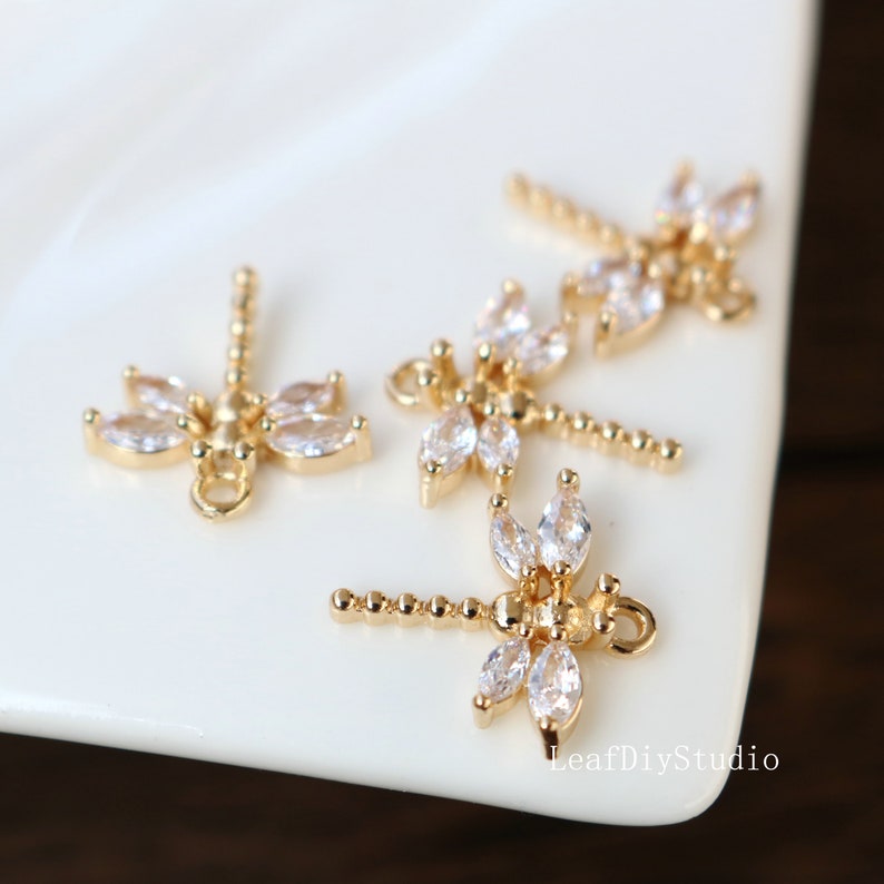 10pcs Real Gold Plated dragonfly Charms, dragonfly Zircon Pendant, Tiny dragonfly Pendant, diy Rhinestone Bow Pendant