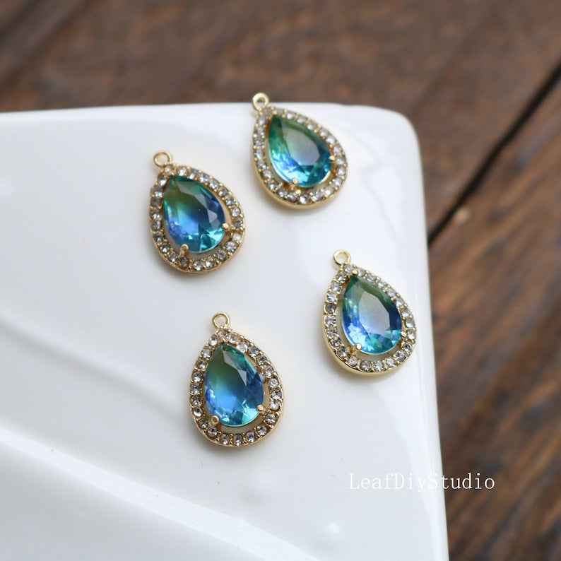 10pcs Gold Plated Teardrop Charm, 11X17mm CZ Pave Charm, Wrapped gradient two-tone, Crystal Faceted Glass zircon Pendant