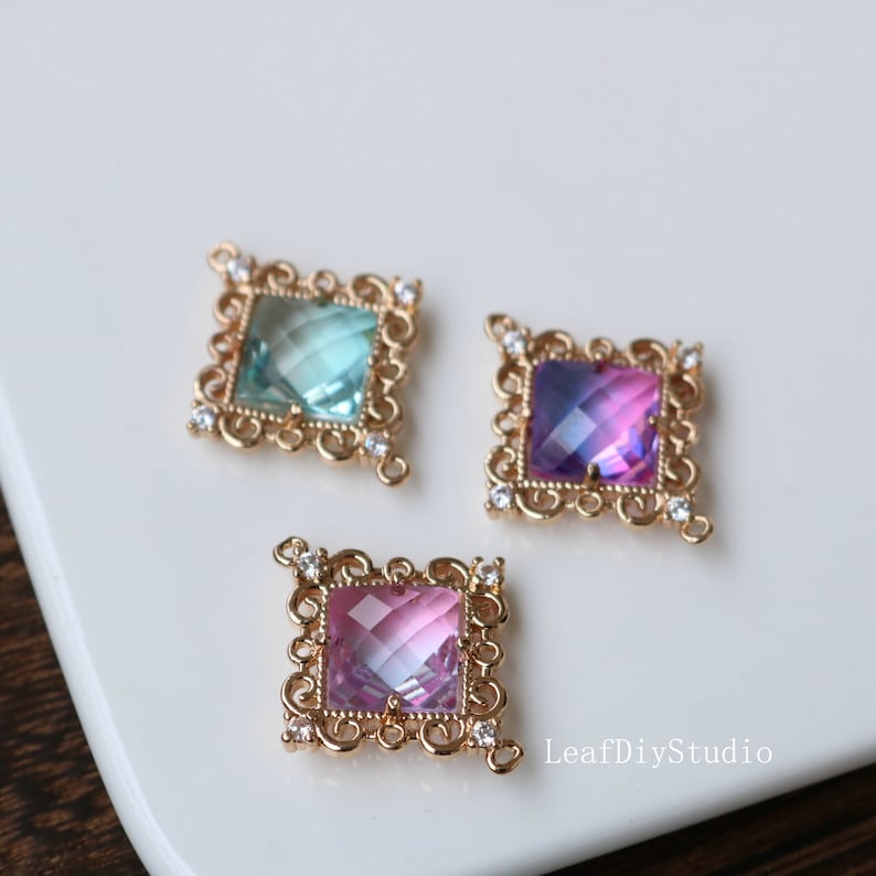 10pcs Blue, purple Glass Pendant Charm, 23mm Faceted Lucite beads, Square Channel Charm, Bezel Gemstone Connector, wholesale prices
