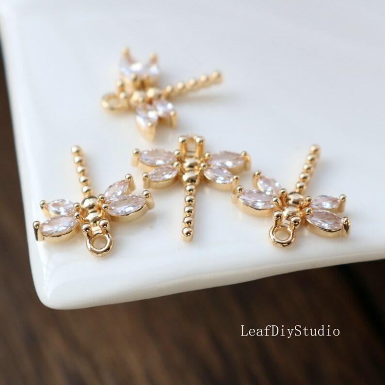 10pcs Real Gold Plated dragonfly Charms, dragonfly Zircon Pendant, Tiny dragonfly Pendant, diy Rhinestone Bow Pendant