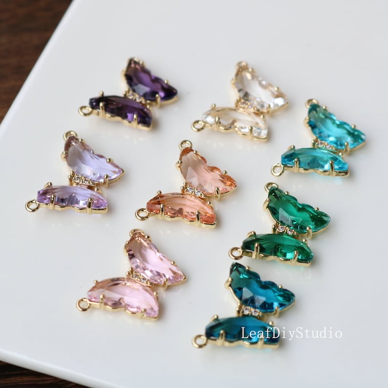 10pcs Butterfly Clear Faceted Set Stones, 12 colors Butterfly rystal Faceted Glass Connectors, CZ Pave Craft Supplies, DIY Finding