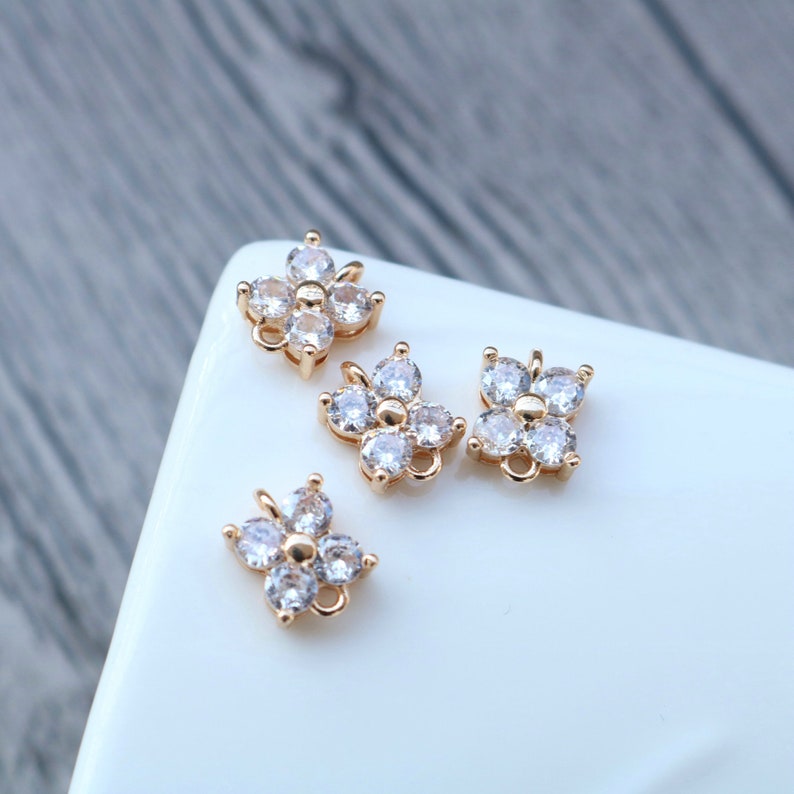 10pcs Four petal flower grass CZ Pave Charm, Clear Zircon Connector, 7.7*10mm Gemstone Charm,Jewelry Making, Material Craft Supplies