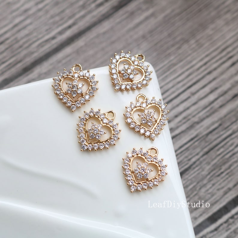 10pcs Heart-shaped CZ Pave Stamen Charm, Zircon Heart Pendant, Heart Charm, 15*17mm DIY Jewelry Making,Material Craft Supplies