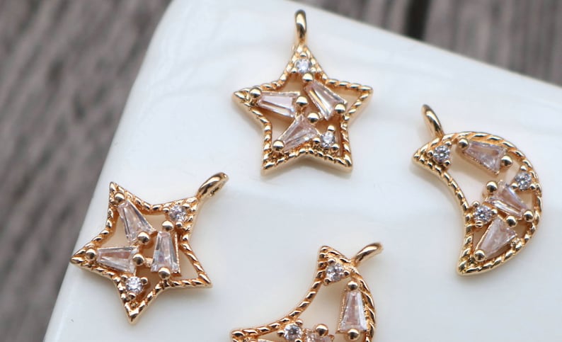 10pcs Small moon star zircon Charm, 14x25mm star pendant Zircon Charm CZ Pave Pendant Charm, DIY earrings necklace pendant Jewelry Making