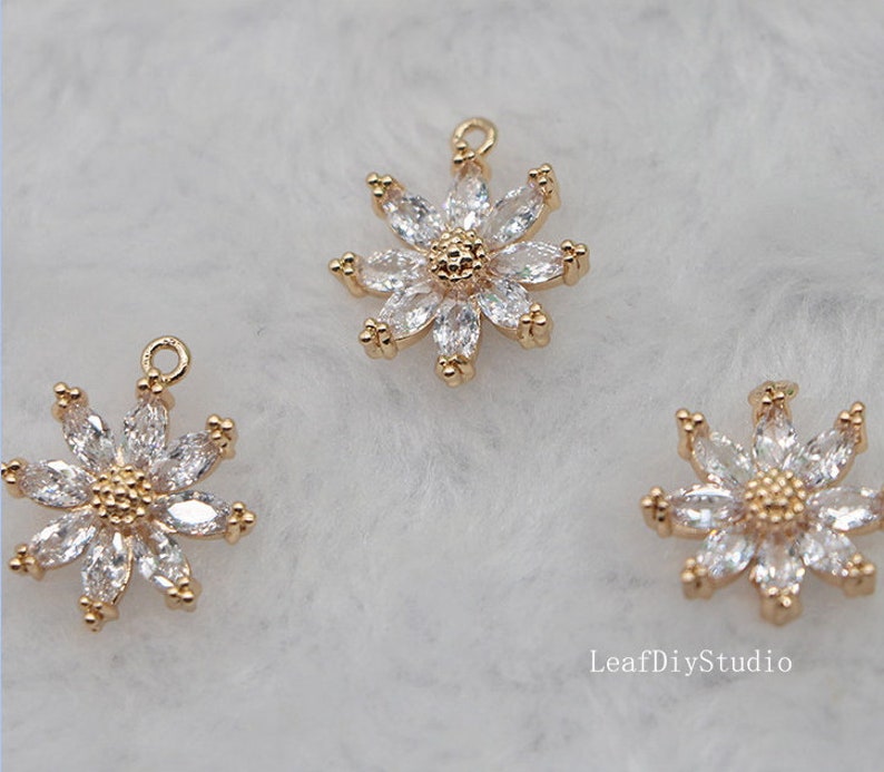 10pcs cz pave sunflower flower charm, 14mm sunflower pendant, pave flower charm, gold plated over brass