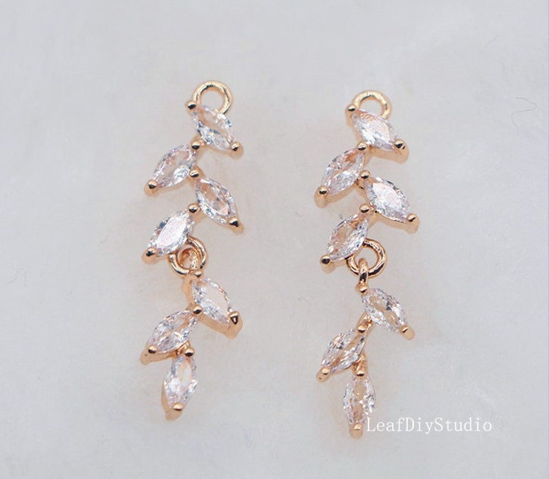 10pcs CZ Pave Leaves Charm, 7x23mm Zircon Leaves Connector Pendant , Jewelry Making, Zircon Leaves Material Craft Supplies