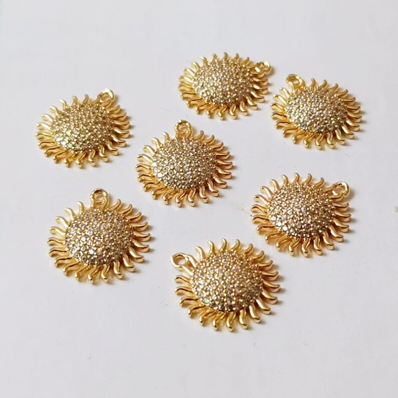 10pcs gold plated sun charm ,cz pave sun charm,rhinestone sun charm,bracelet necklace pendant,sunflower charm,plant,gold plated over brass