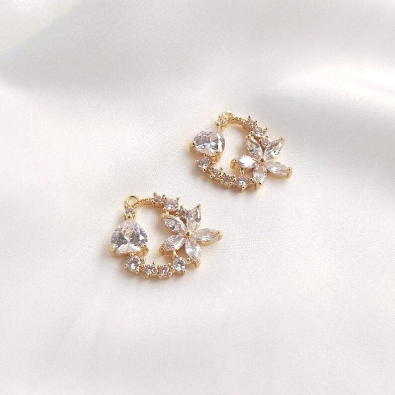 4 pcs 7X17mm small leaves cz pave Leaves charm, brass gold plated bracelet necklace pendant, pave charm