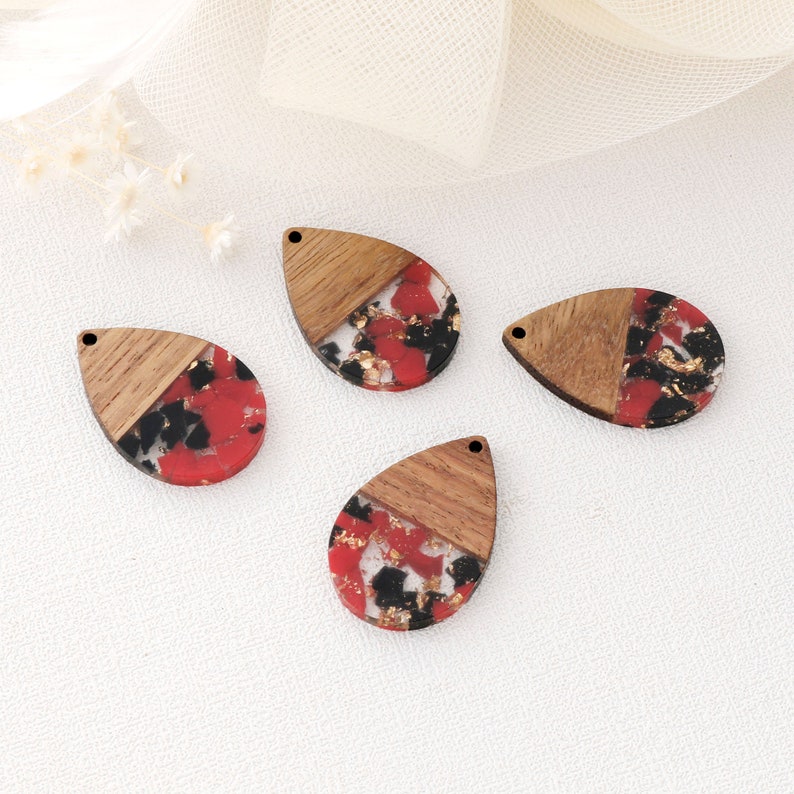 4pcs Epoxy Resin Pendants, Teardrop Translucent White Resin Findings, Wood and Resin Pendant, Color Blocked, Teardrop Charm