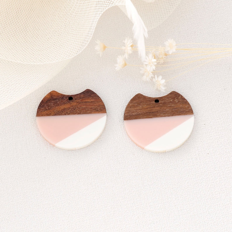 4pcs Epoxy Resin Pendants, Semi Translucent White Resin Findings, Wood and Resin Pendant, Color Blocked, Large Round Charm