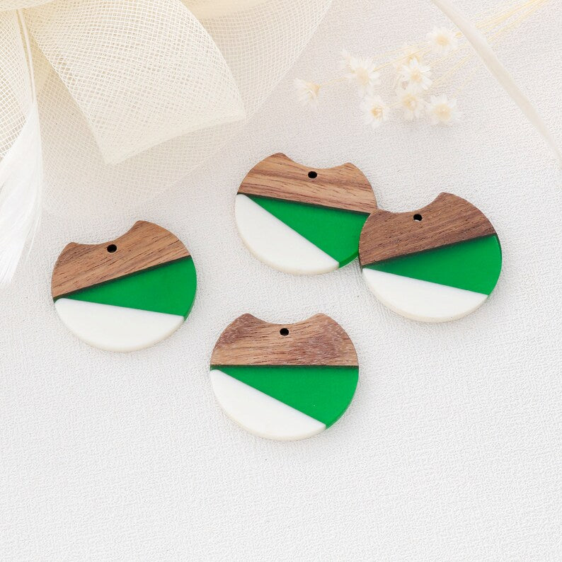 4pcs Epoxy Resin Pendants, Semi Translucent White Resin Findings, Wood and Resin Pendant, Color Blocked, Large Round Charm
