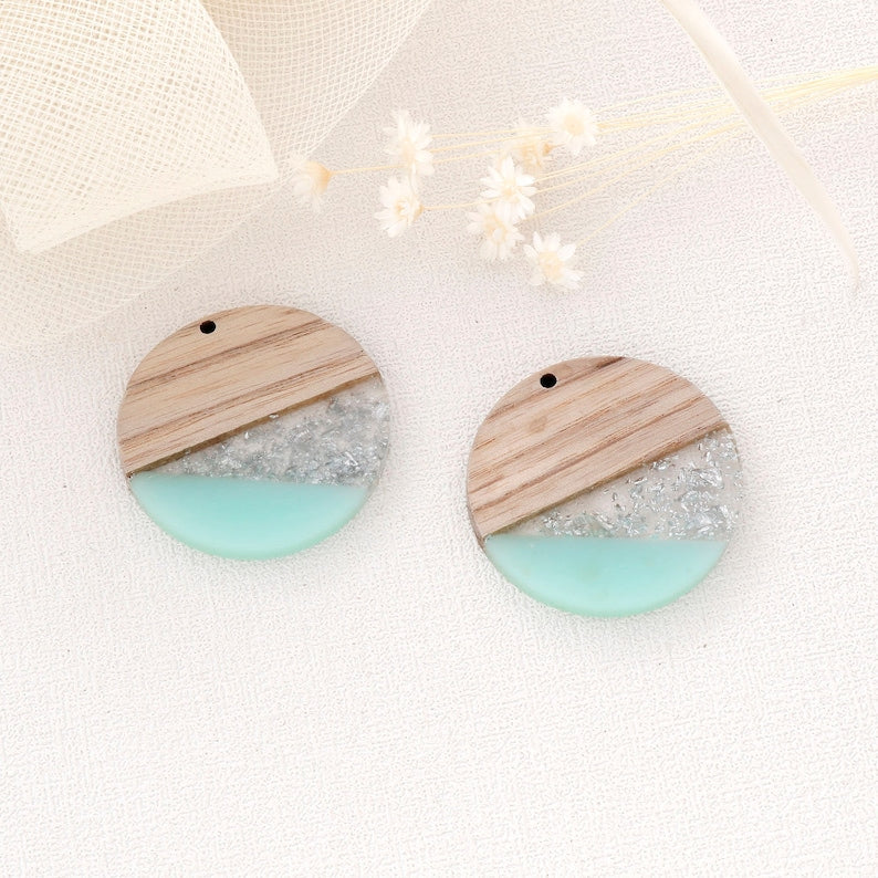 4pcs Epoxy Resin Pendants, Round Circle ranslucent White Resin Findings, Wood and Resin Pendant, Color Blocked, Large Round Charm