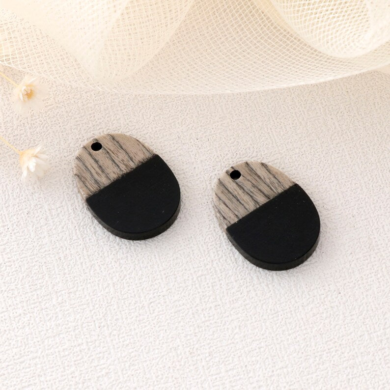 4pcs Epoxy Resin Pendants, Oval Translucent White Resin Findings, Wood and Resin Pendant, Color Blocked, Teardrop Charm