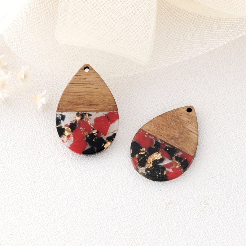 4pcs Epoxy Resin Pendants, Teardrop Translucent White Resin Findings, Wood and Resin Pendant, Color Blocked, Teardrop Charm