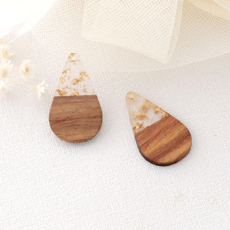 4pcs Epoxy Resin Pendants, Teardrop Translucent White Resin Findings, Wood and Resin Pendant, Color Blocked, Teardrop Charm