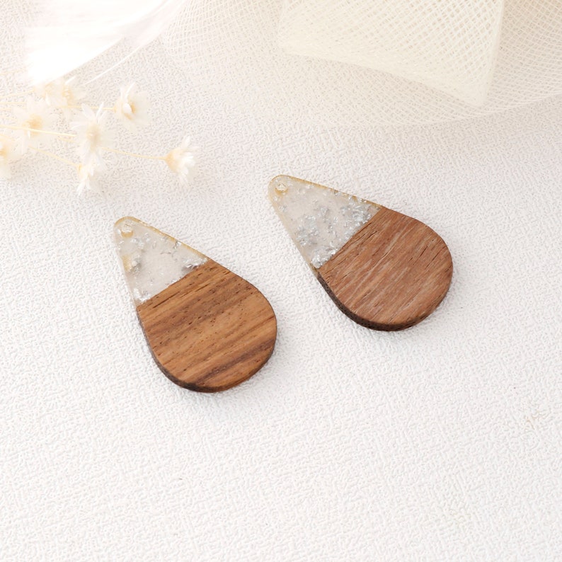 4pcs Epoxy Resin Pendants, Teardrop Translucent White Resin Findings, Wood and Resin Pendant, Color Blocked, Teardrop Charm