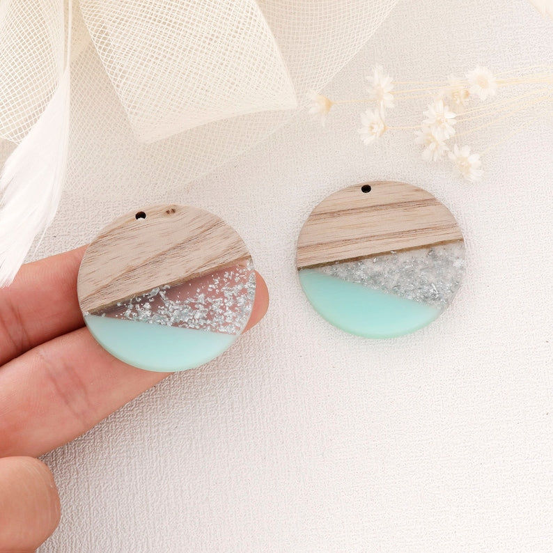 4pcs Epoxy Resin Pendants, Round Circle ranslucent White Resin Findings, Wood and Resin Pendant, Color Blocked, Large Round Charm