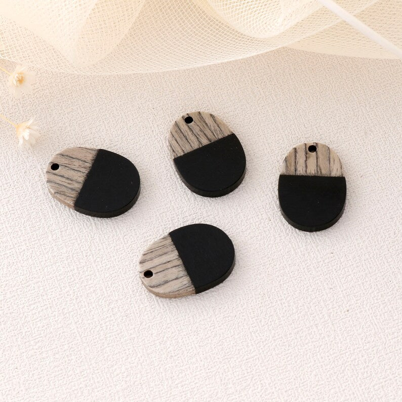 4pcs Epoxy Resin Pendants, Oval Translucent White Resin Findings, Wood and Resin Pendant, Color Blocked, Teardrop Charm