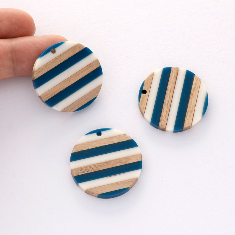4pcs Epoxy Resin Pendants, Round Circle ranslucent White Resin Findings, Wood and Resin Pendant, Color Blocked, Large Round Charm