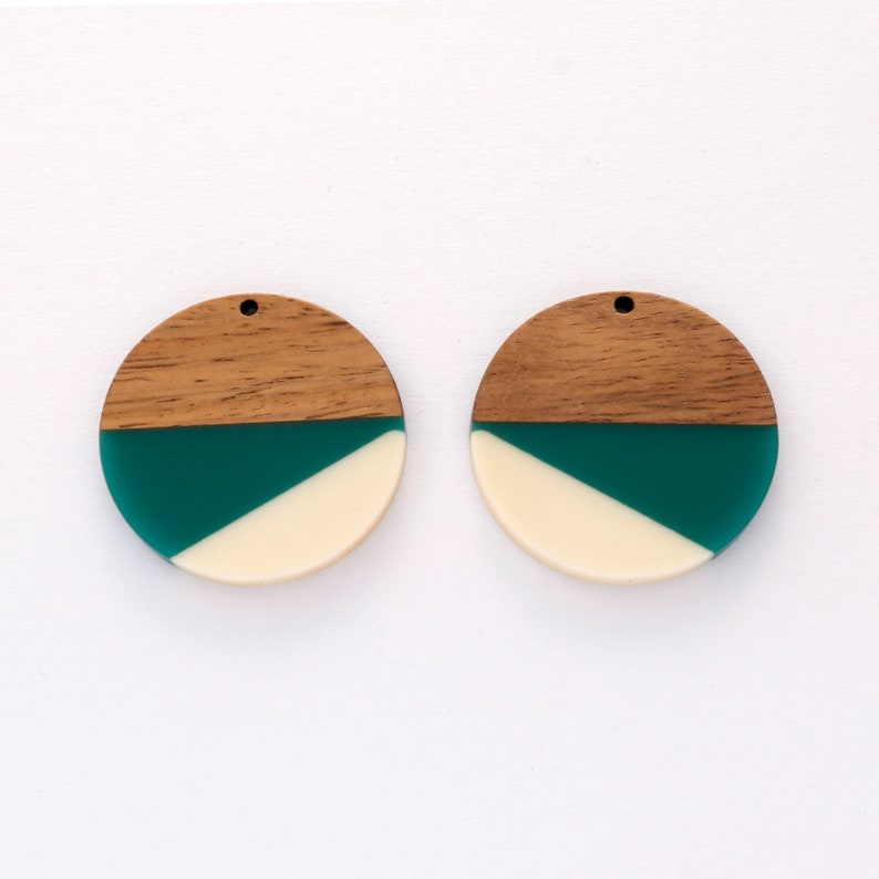 4pcs Epoxy Resin Pendants, Round Circle ranslucent White Resin Findings, Wood and Resin Pendant, Color Blocked, Large Round Charm