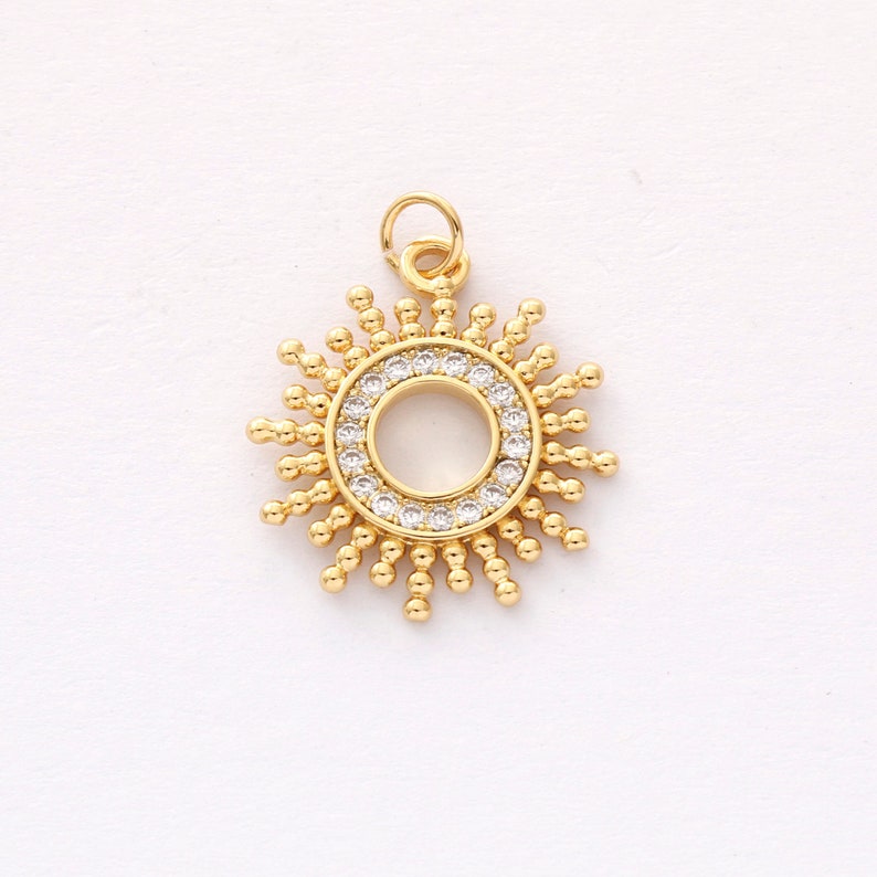 2pcs Real 18K Gold Plated Circle Charm,Gold Initial Charm,Vermeil Sun Pendant,cz Pave Sun Charm