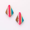 4pcs Epoxy Resin Pendants, Diamond Translucent Neon Pink Resin Findings, Wood and Resin Pendant, Color Blocked, Diamond Charm
