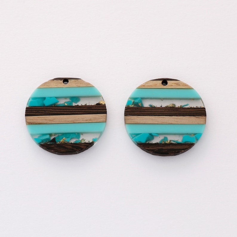 4pcs Epoxy Resin Pendants, Round Translucent Blue Resin Findings, Wood and Resin Pendant, Color Blocked, Large Round Charm
