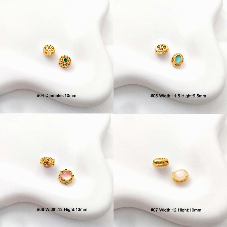 10Pcs 18K Gold Plated brass Spacer Beads,Hollow Out beads,Flat Round Beads,Cake Beads,Focal Cat Eye Beads, DIY Craft Supplies