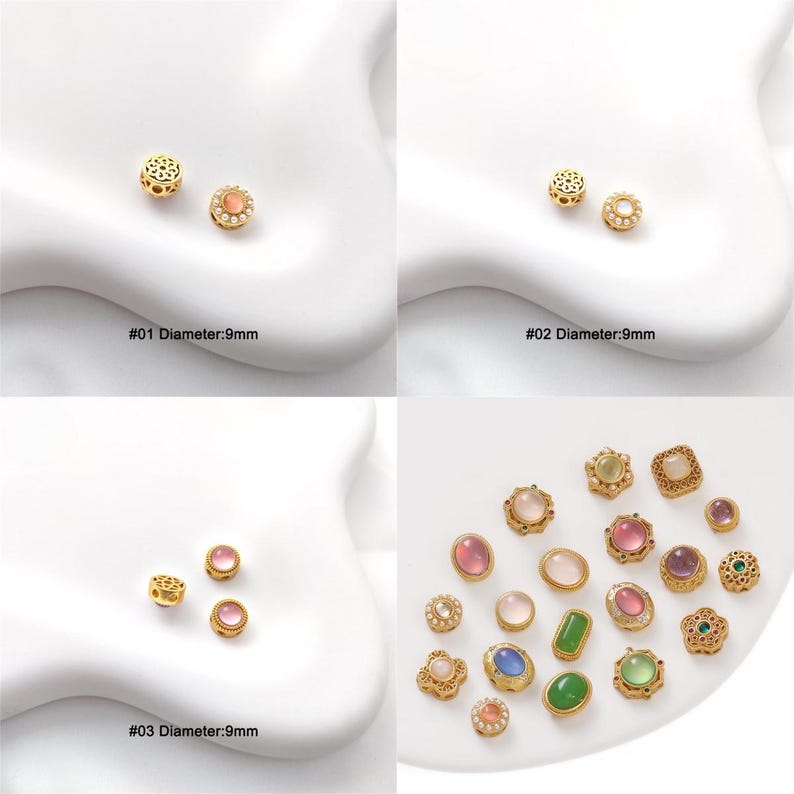 10Pcs 18K Gold Plated brass Spacer Beads,Hollow Out beads,Flat Round Beads,Cake Beads,Focal Cat Eye Beads, DIY Craft Supplies