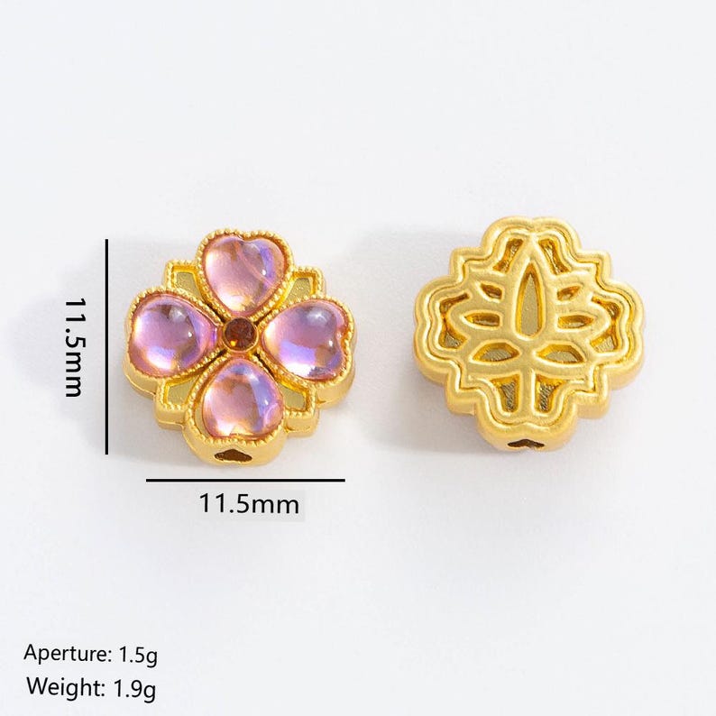 10Pcs 18K Gold Plated Brass Spacer Beads, Petal Hollow Out Beads, Flat Round Beads, Flower Beads, Four-leaf Clover and DIY Craft Supplies